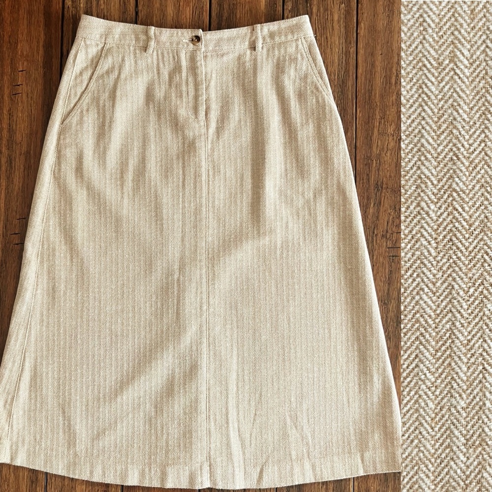 Vintage LL Bean Herringbone Straight Midi Skirt 8 Petite Tan Classic Academia